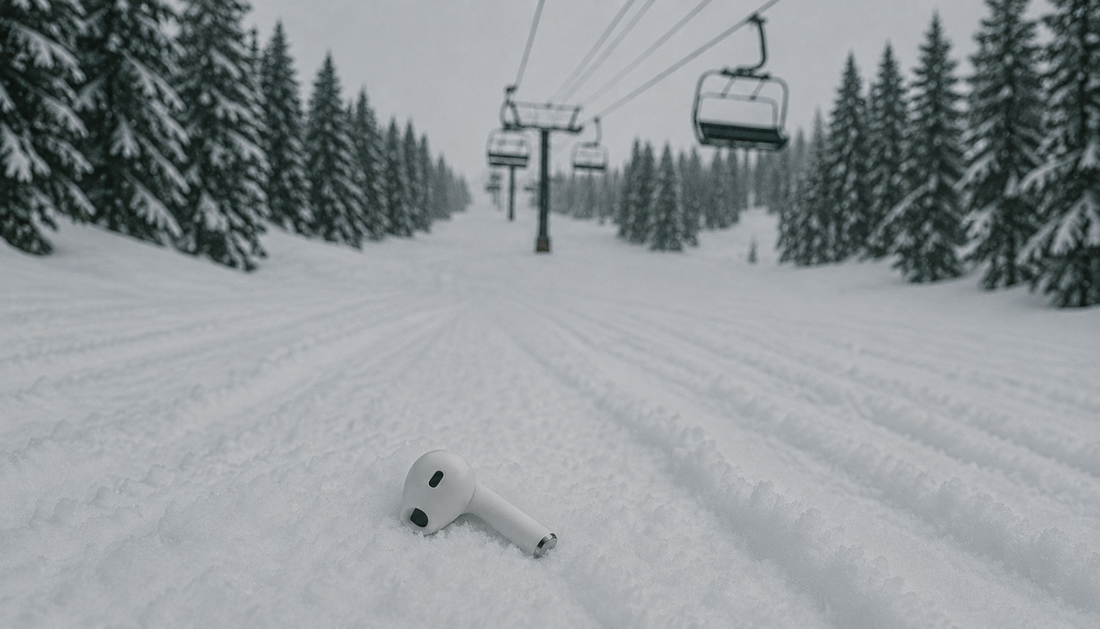 AirPod sitting on a ski slope after being dropped from the lift. 