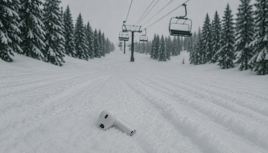 AirPod sitting on a ski slope after being dropped from the lift. 